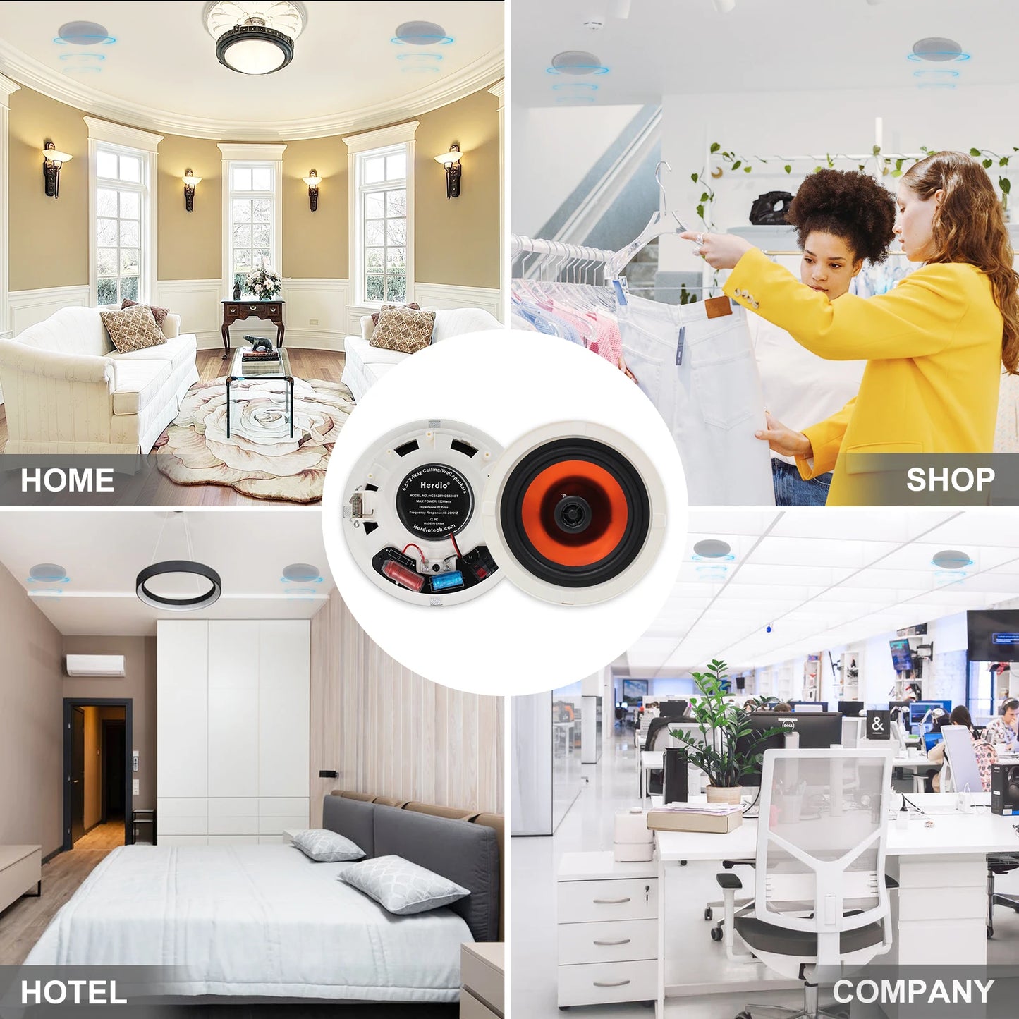 Herdio Bluetooth In Ceiling Speakers 600W 2 Way Flush Mount