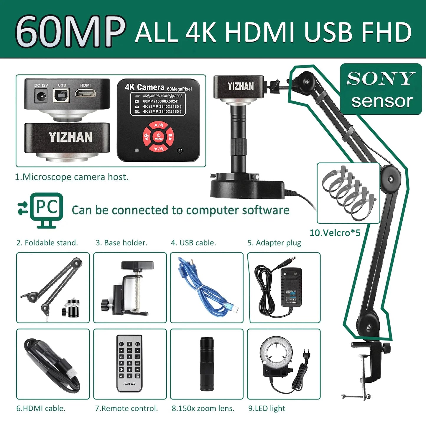 YIZHAN Soldering Microscope 4K HDMI USB Camera 150x Lens Stand