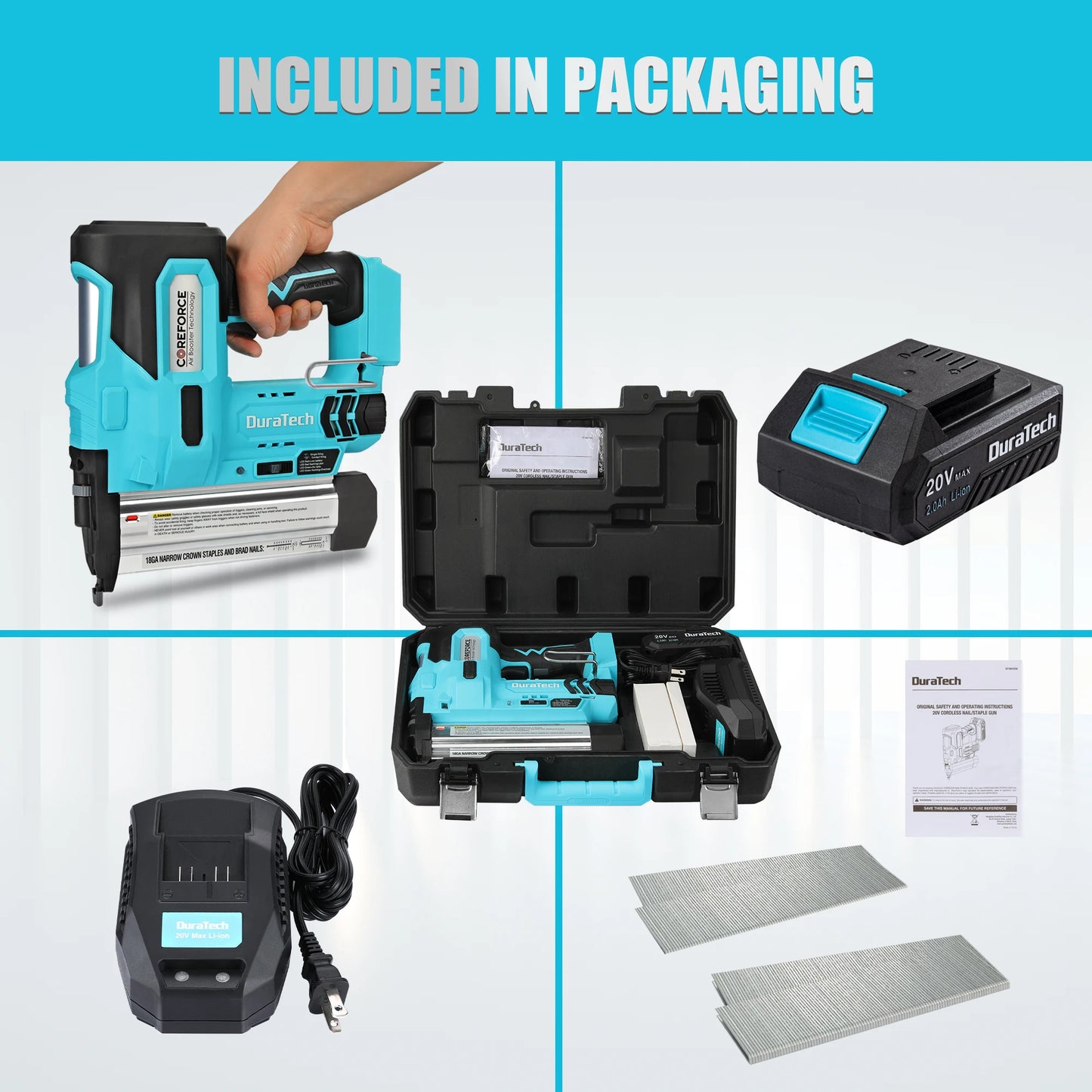DURATECH 20V 2-in-1 Cordless Staple Gun for Upholstery and Carpentry