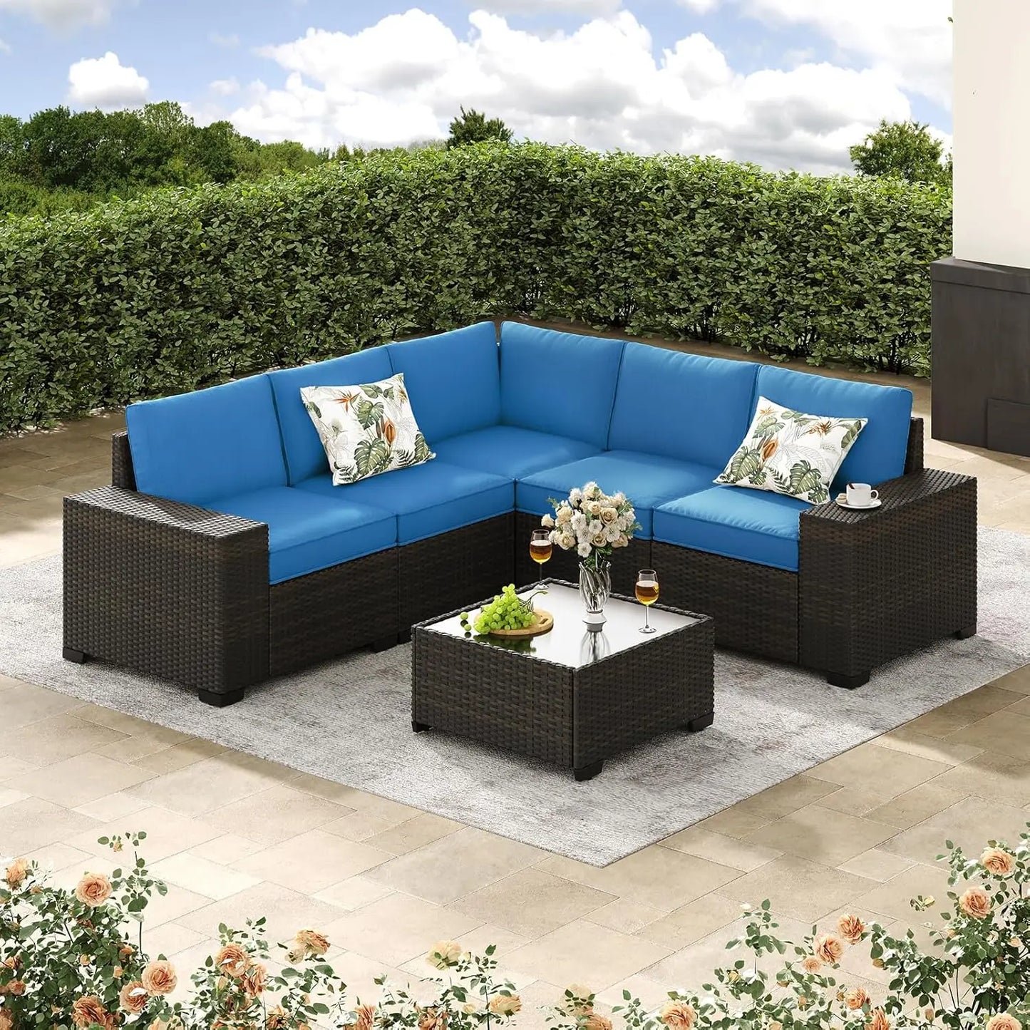 GUOHE L-Shaped Outdoor Wicker Patio Furniture Set With Cushions And Glass Table