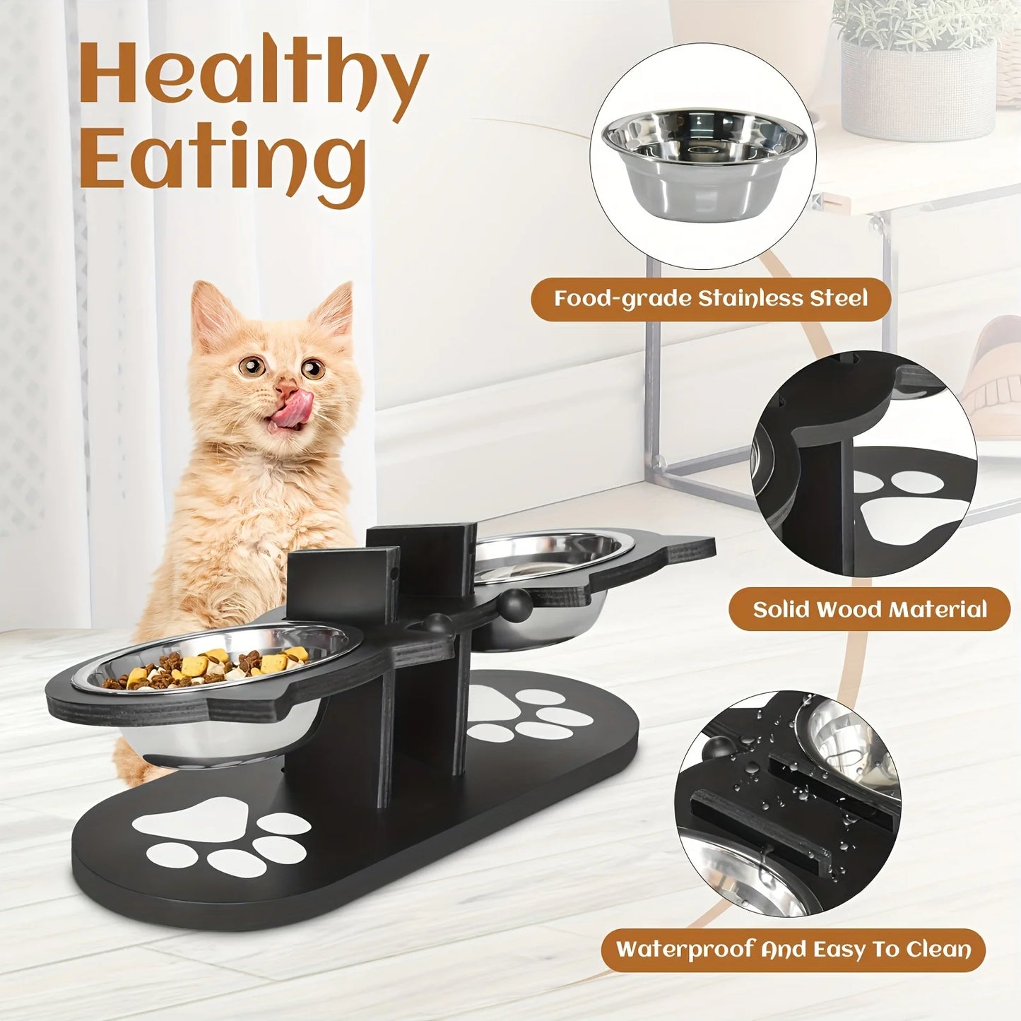 Elevated Cat Bowls Set 15 Degree Tilt With Wooden Stand