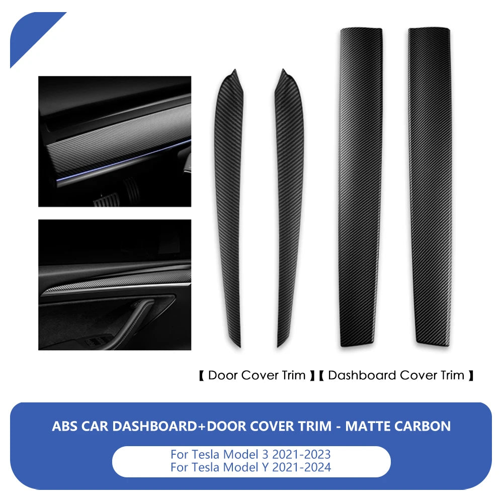 For Tesla Model 3 Y 2021-2023 Dashboard Panel Cover Door Trim Decoration Sticker ABS Carbon Fiber Pattern Decor Car Accessories