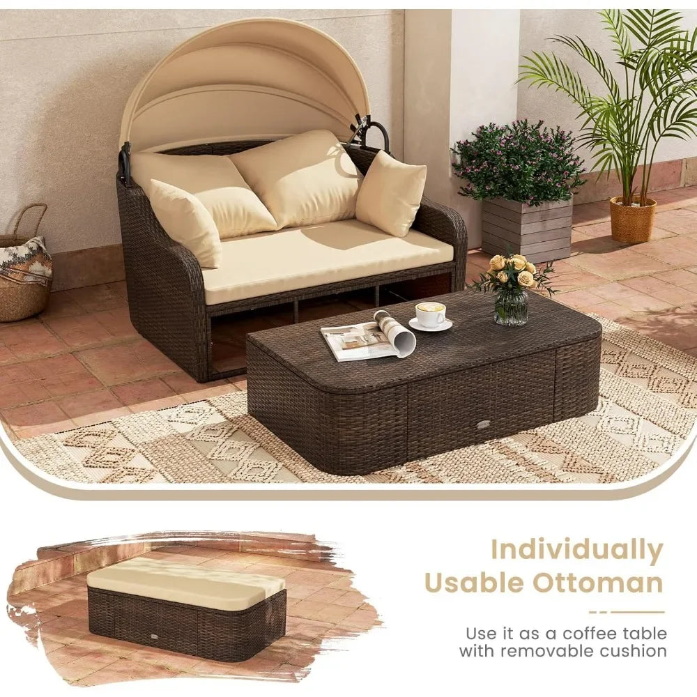 Outdoor Daybed With Retractable Canopy PE Rattan Double Chaise Lounge Pillows