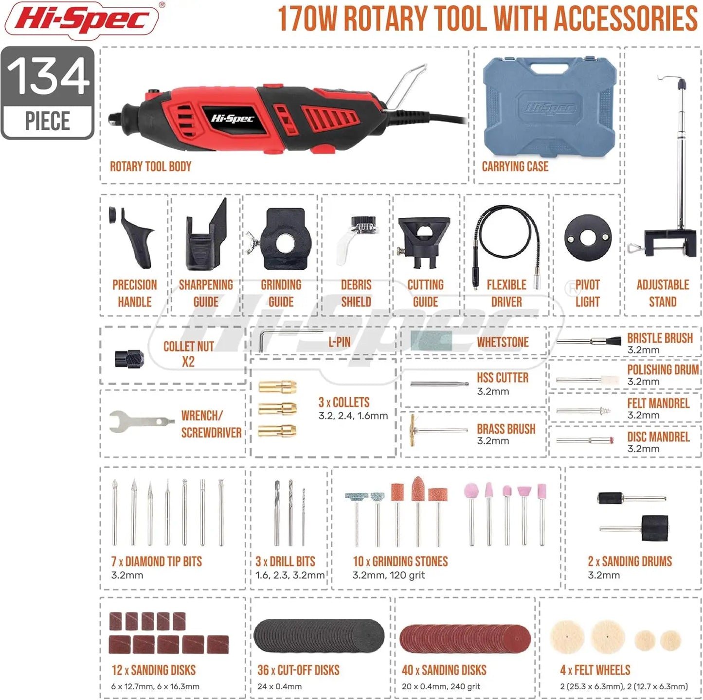 Hi-Spec 134pc 160W Corded Rotary Tool Kit With Dremel Accessories