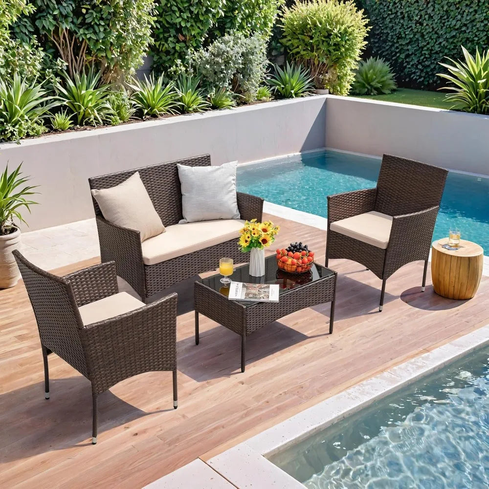 Outdoor Patio 4 Piece Rattan Wicker Furniture Set For Garden