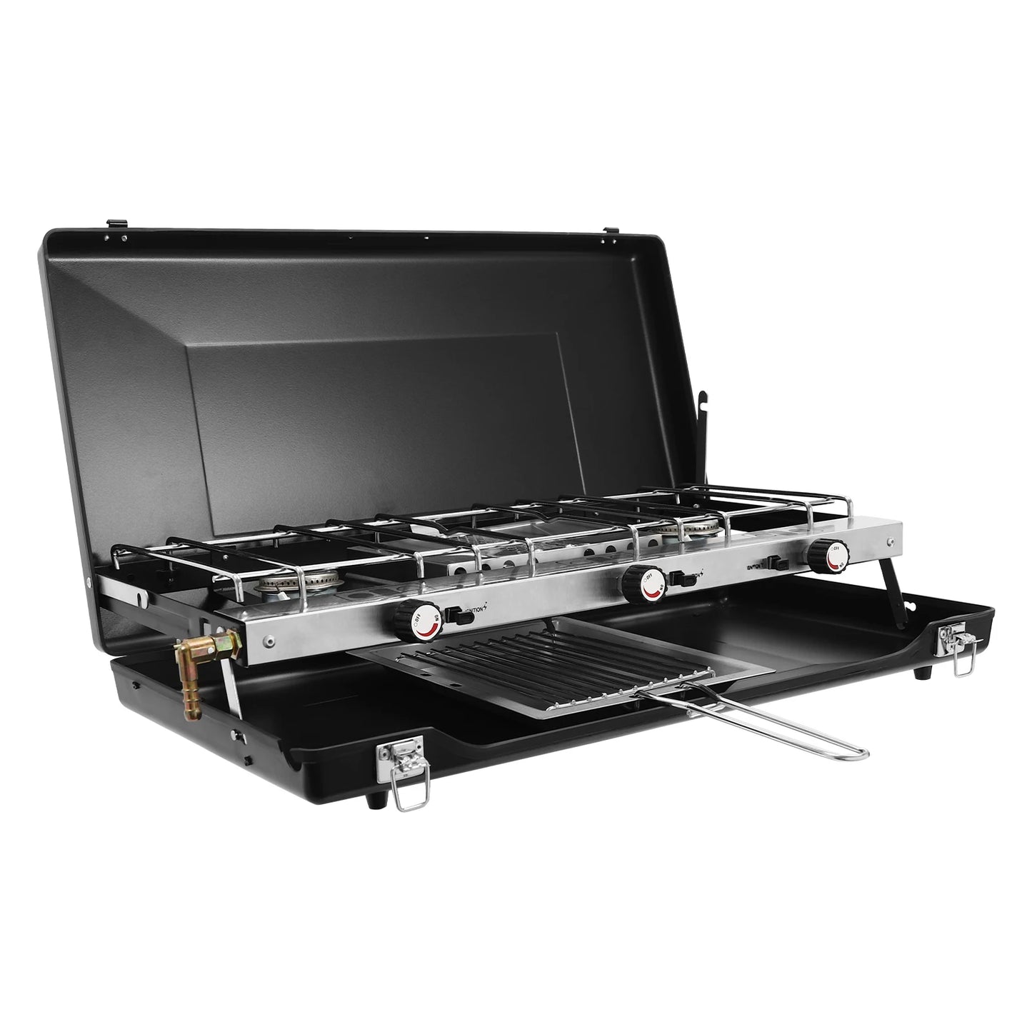 Portable 3 Burner Propane Camping Stove With Griddle Foldable Windshield