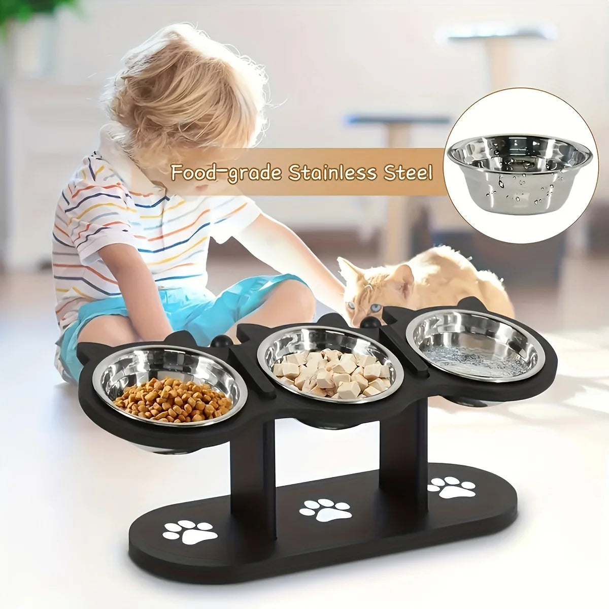 Elevated Cat Bowls Set 15 Degree Tilt With Wooden Stand
