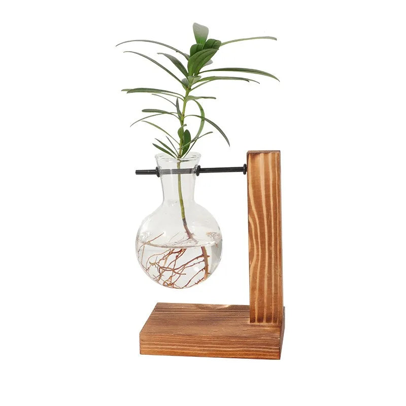 Wooden Frame Hydroponic Vase Transparent Glass Plant Pot For Home