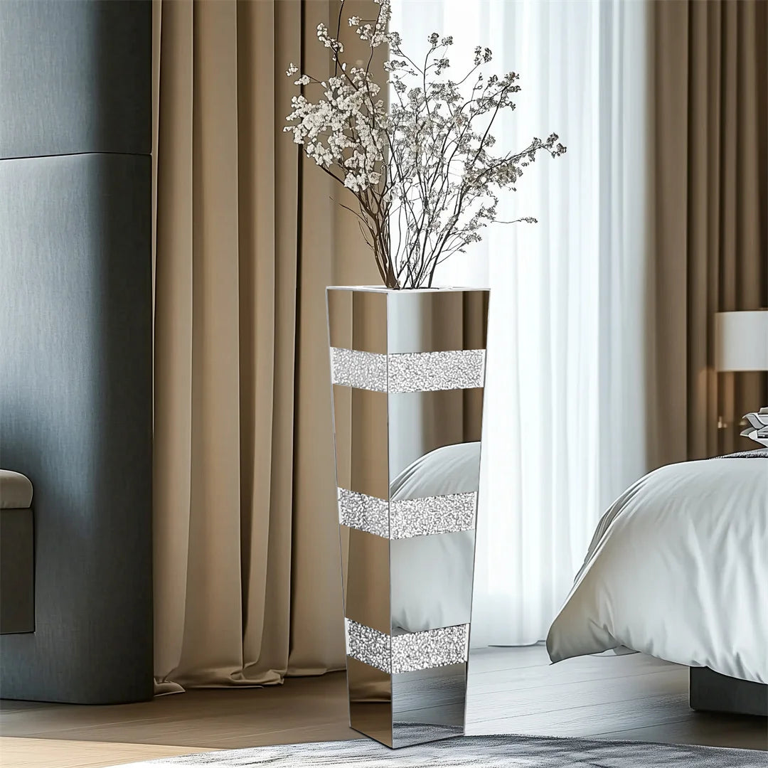 Modern Floor Vase With Crystal Diamond Accents And Mirrored Finish
