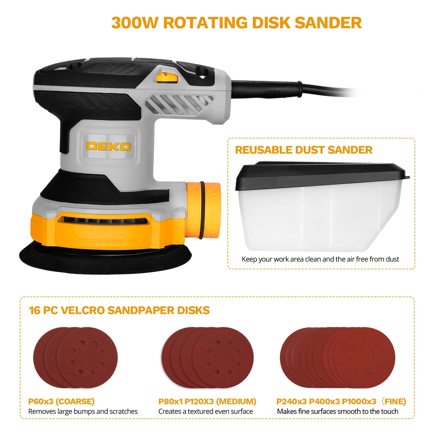 DEKO 300W Orbital Sander With Pad And Dust Collection