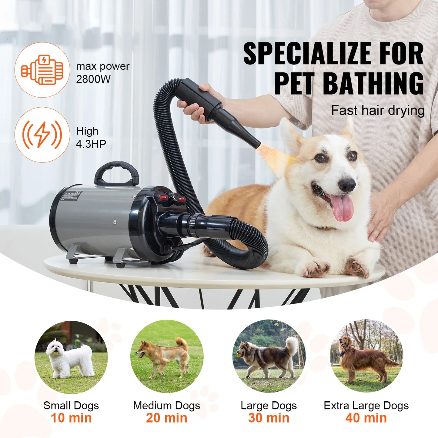 Dog Blow Dryer 2000W Adjustable Speed Temperature Extendable Hose Nozzles