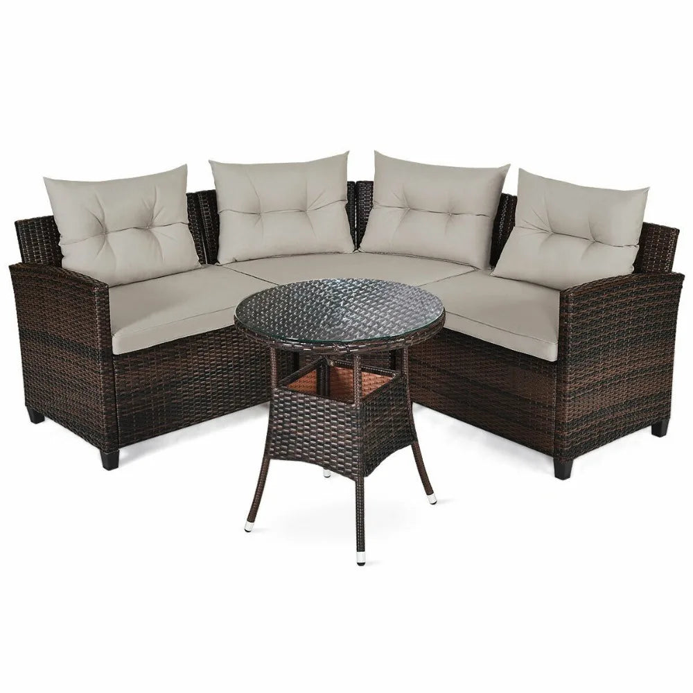 Patio Rattan Outdoor Furniture Set With Cushioned Sofa Table