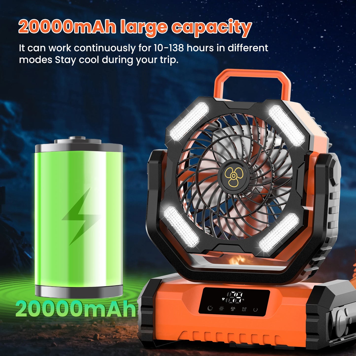 Electric 20000mAh Portable Led Camping Fan With Touch Control