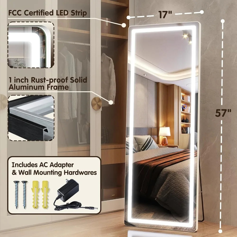 LED Lighted Full Body Floor Mirror Freestanding And Wall Mountable