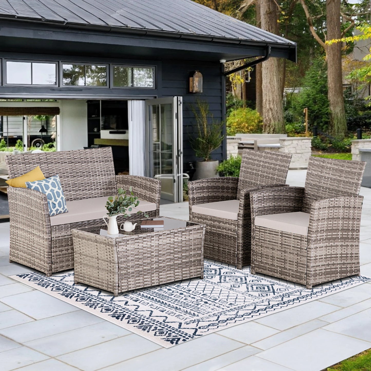 SEOGWISAM 4 Piece Patio Furniture Set Outdoor Wicker Conversation Set