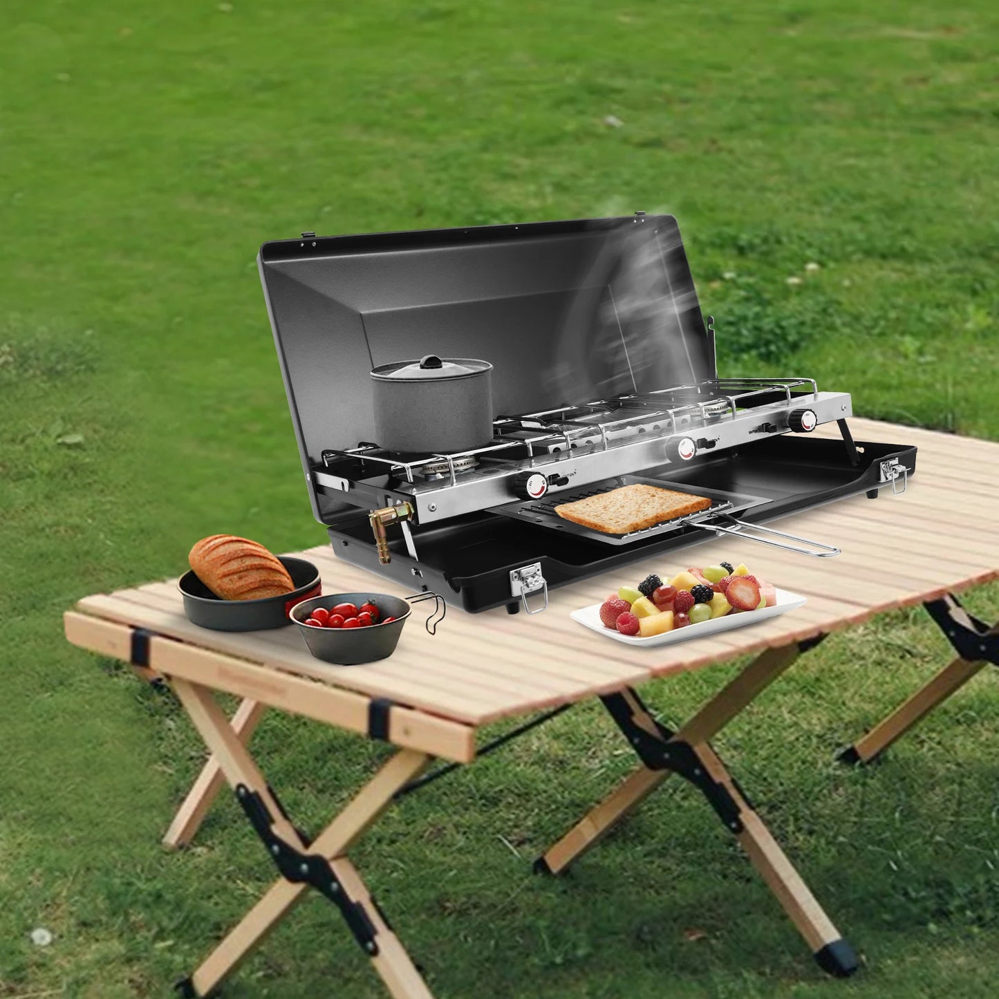 Portable 3 Burner Propane Camping Stove With Griddle Foldable Windshield