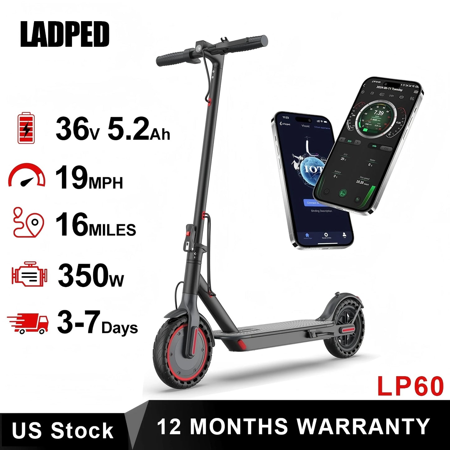 LADPED LP60 Electric Scooter 350W Max Speed 19 Mph Folding