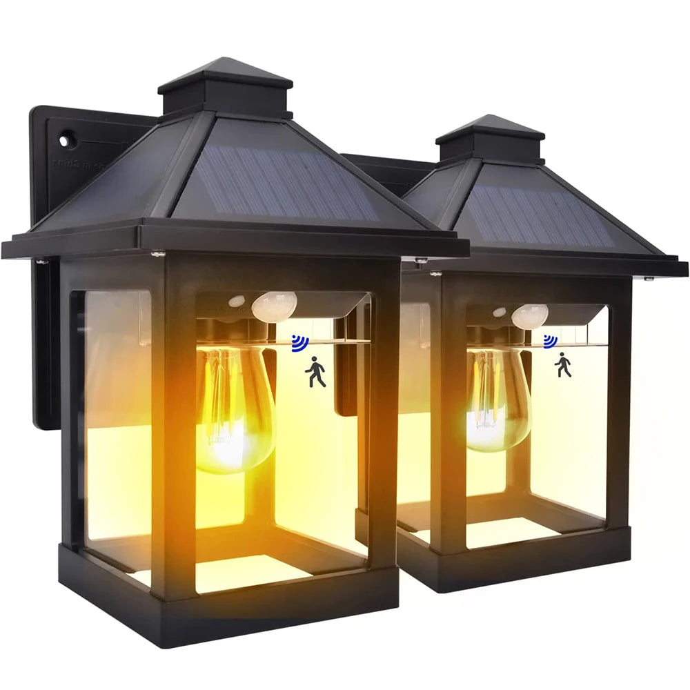 Solar Powered Wall Lanterns 2 Pack Exterior Front Porch Security Lamps LED
