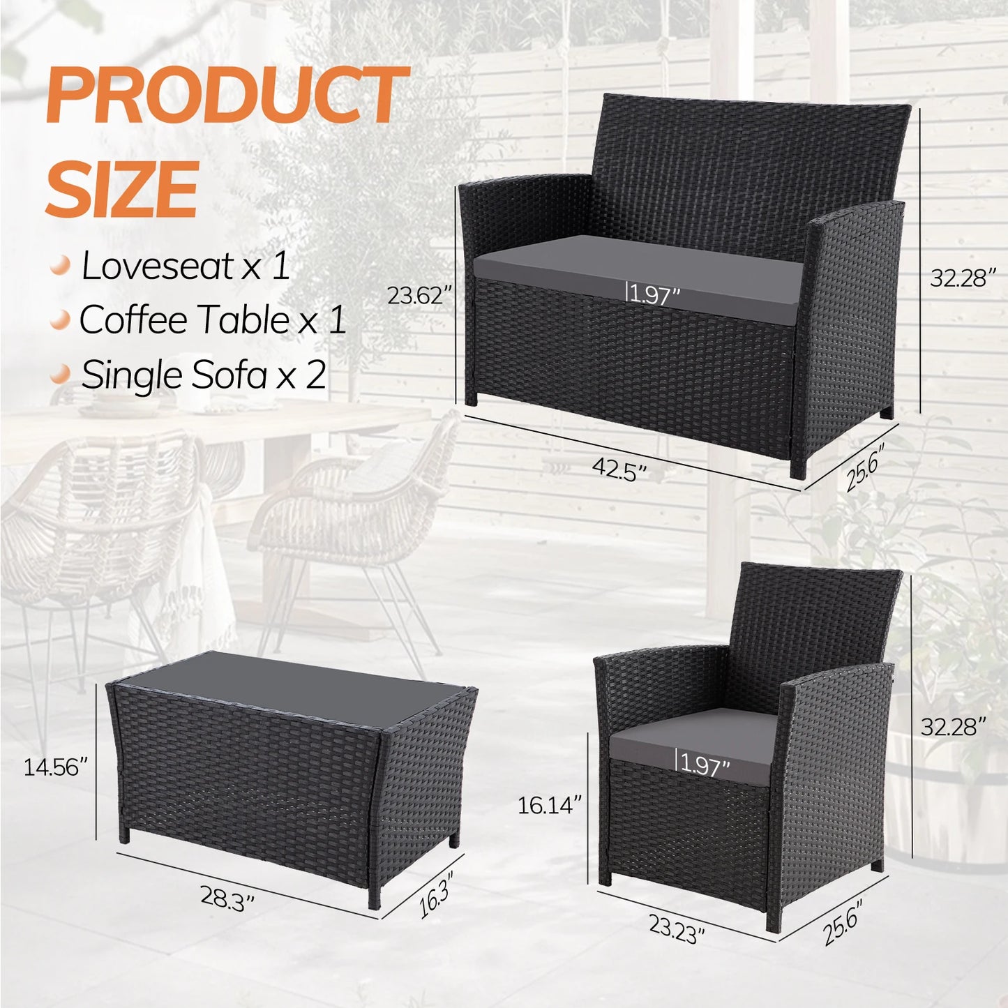 SEOGWISAM 4 Piece Patio Furniture Set Outdoor Wicker Conversation Set
