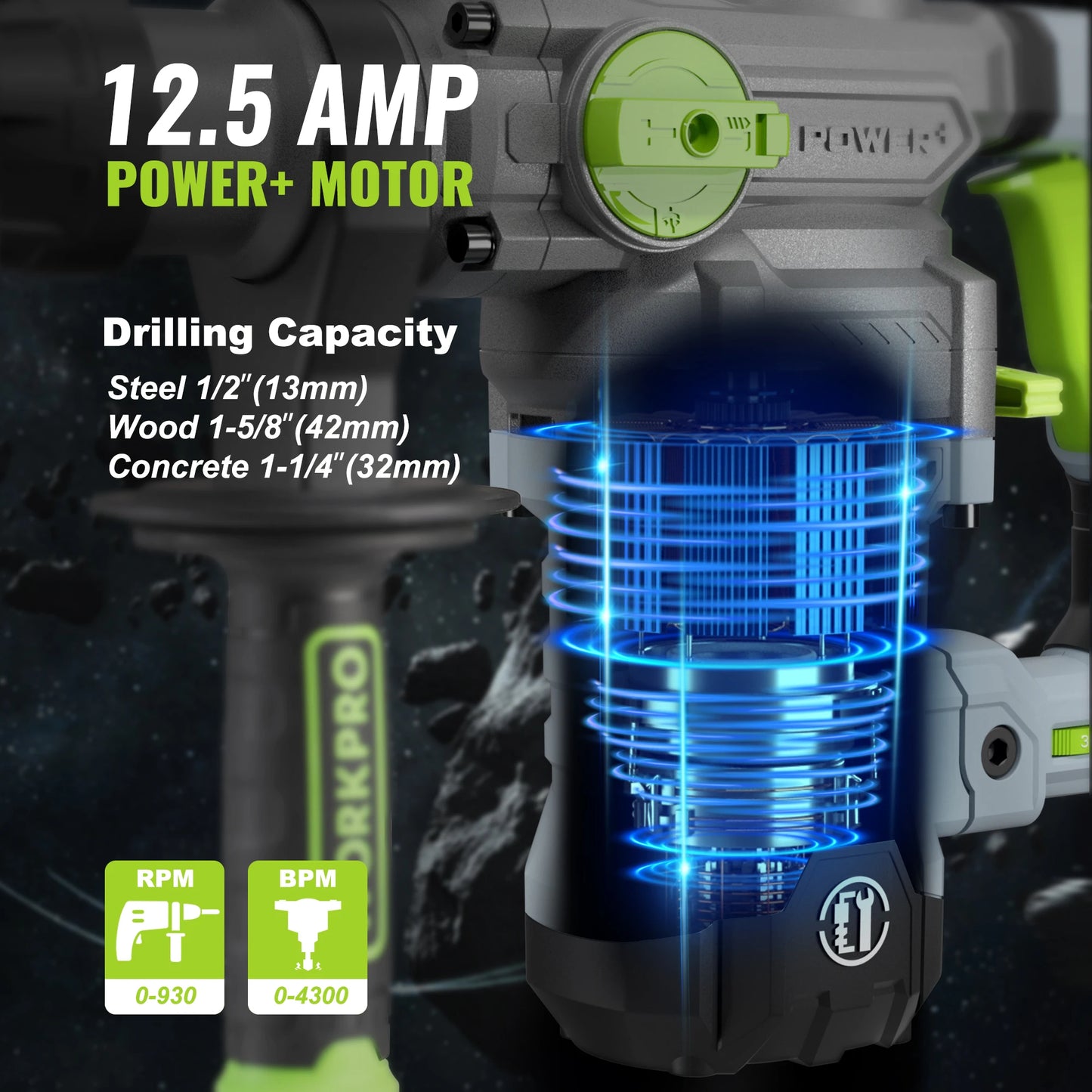 WORKPRO 12.5 Amp Heavy Duty Rotary Hammer Drill For Concrete Wood Steel