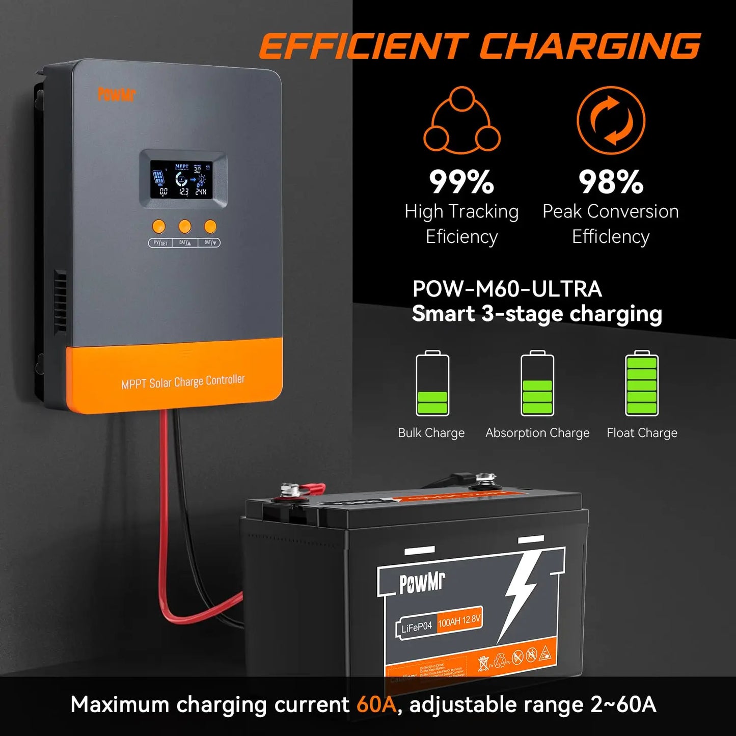 PowMr MPPT 60A Solar Charger Controller LCD Display