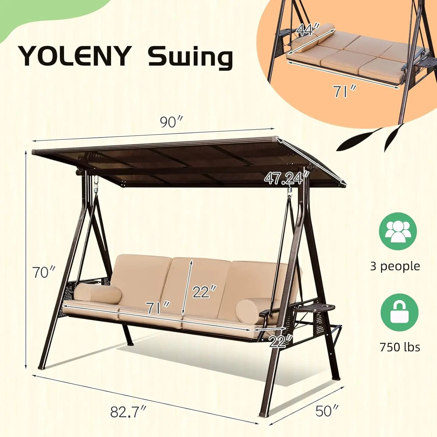 XMSJ Oversized 3 Seat Patio Swing With Cup Holders And Convertible Backrest