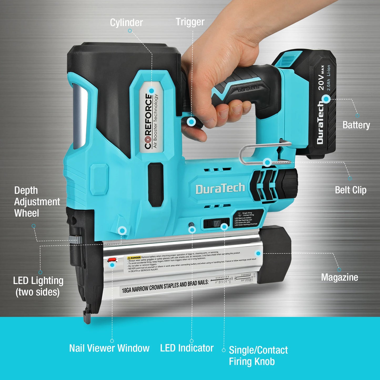 DURATECH 20V 2-in-1 Cordless Staple Gun for Upholstery and Carpentry
