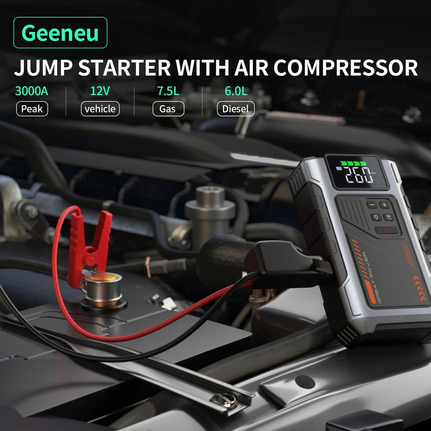 Geeneu Portable Car Jump Starter With Air Compressor 3000A