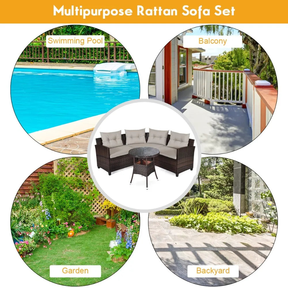 Patio Rattan Outdoor Furniture Set With Cushioned Sofa Table