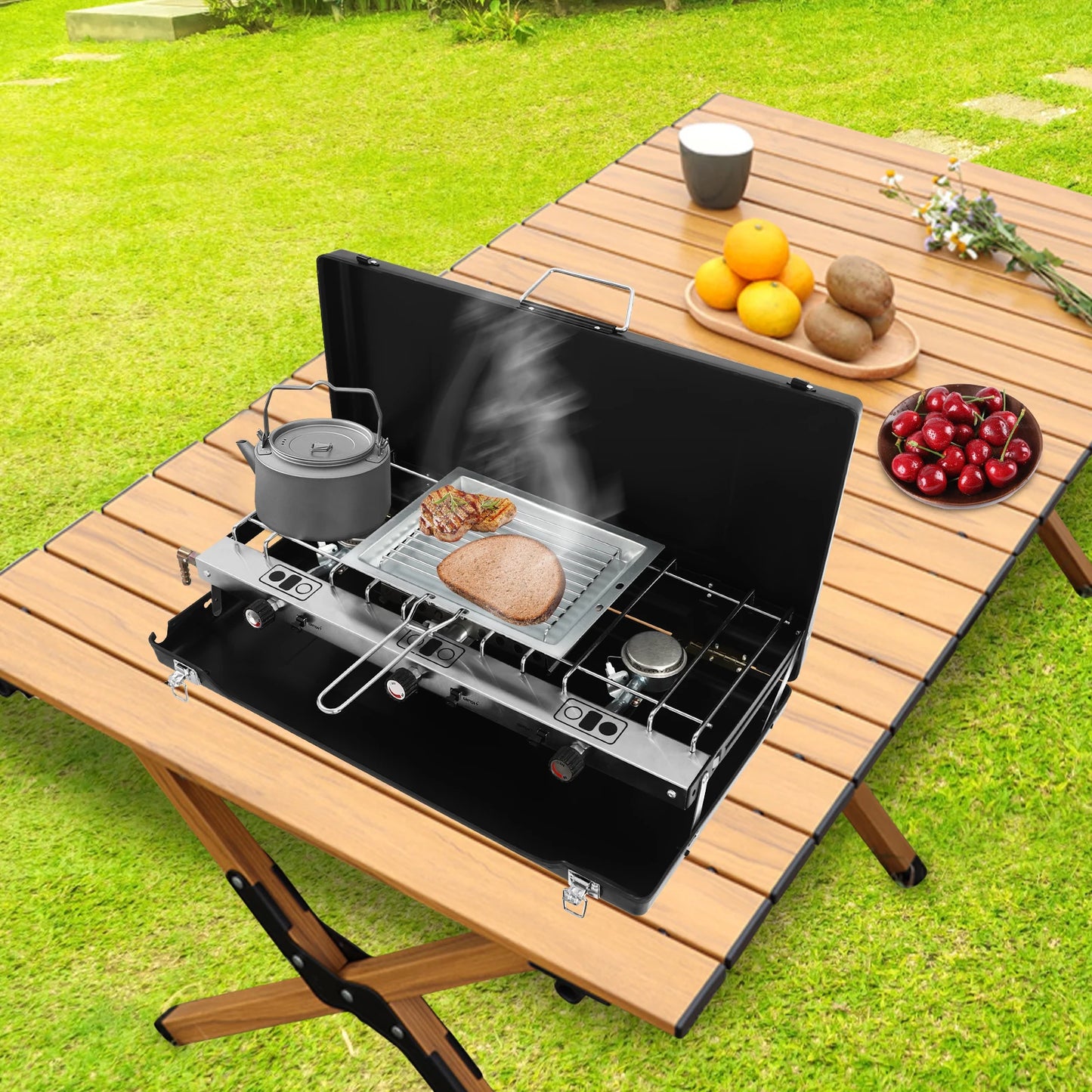 Portable 3 Burner Propane Camping Stove With Griddle Foldable Windshield