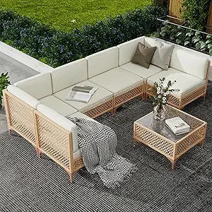 Outdoor Wicker Sectional Patio Set Boho Sofa With Coffee Table