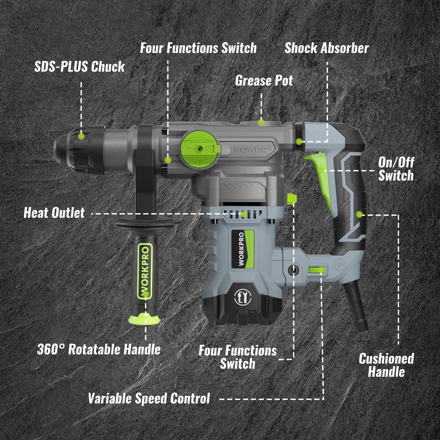WORKPRO 12.5 Amp Heavy Duty Rotary Hammer Drill For Concrete Wood Steel