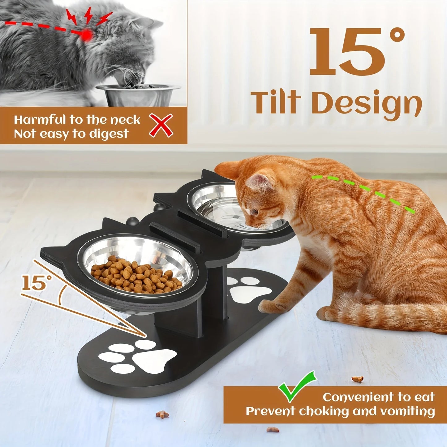 Elevated Cat Bowls Set 15 Degree Tilt With Wooden Stand