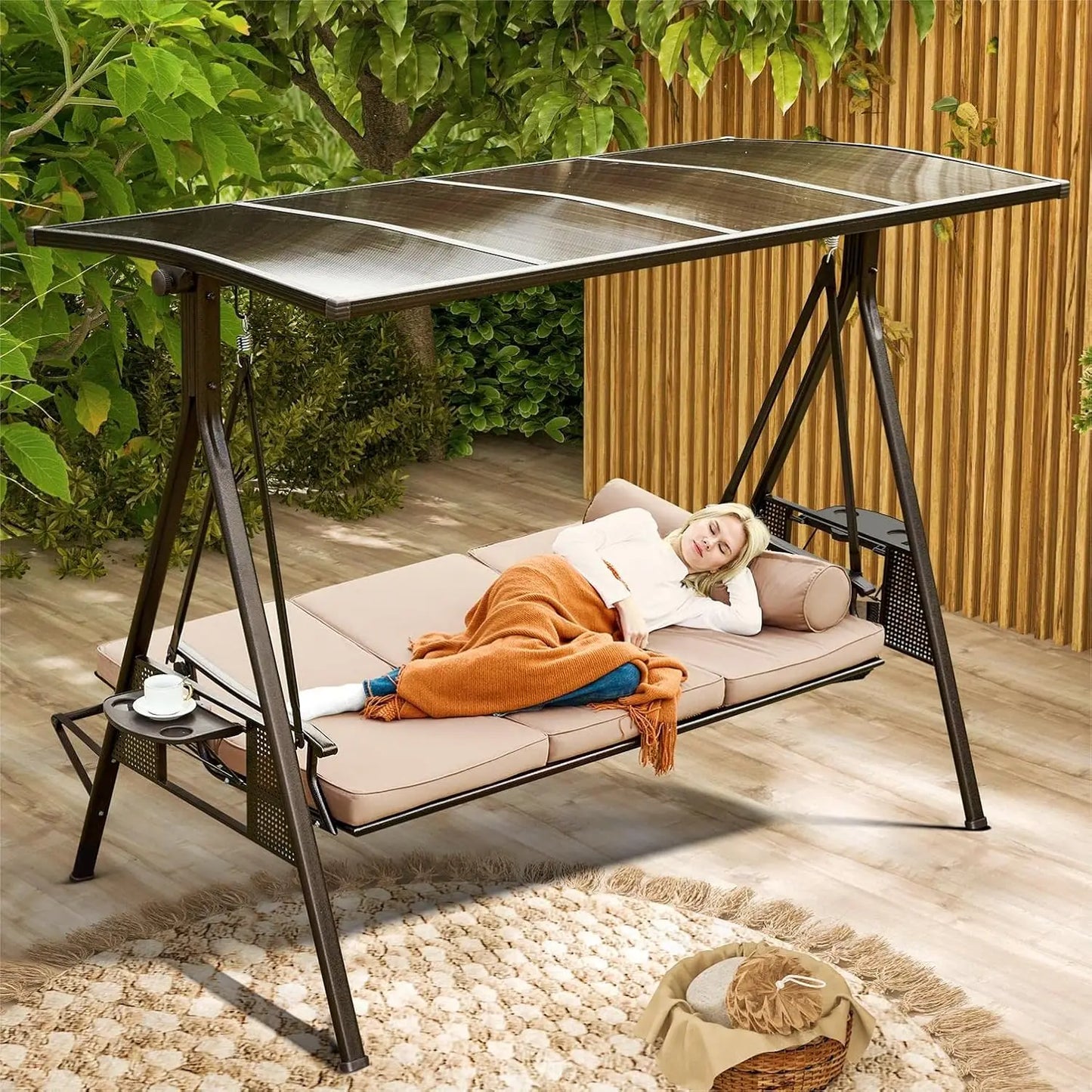 XMSJ Oversized 3 Seat Patio Swing With Cup Holders And Convertible Backrest