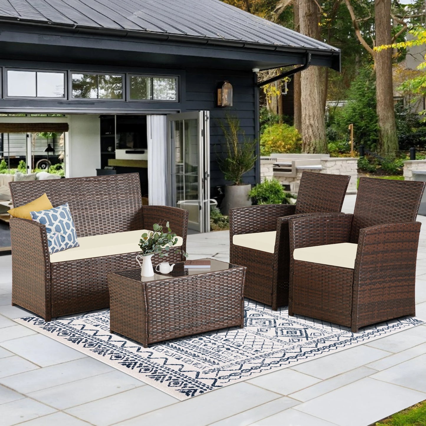 SEOGWISAM 4 Piece Patio Furniture Set Outdoor Wicker Conversation Set