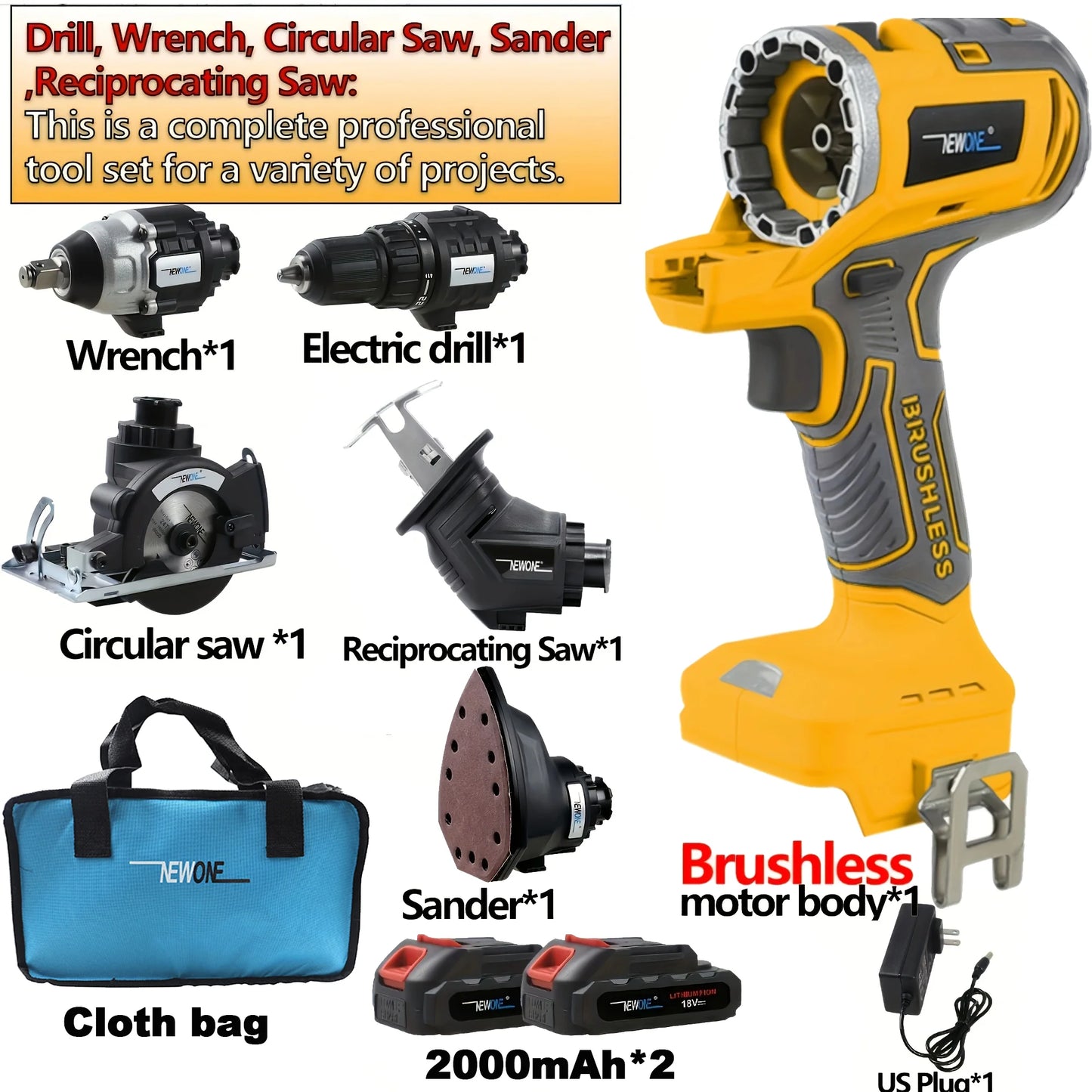 NEWONE Brushless 5 In 1 Power Tool Set With Practical Accessories