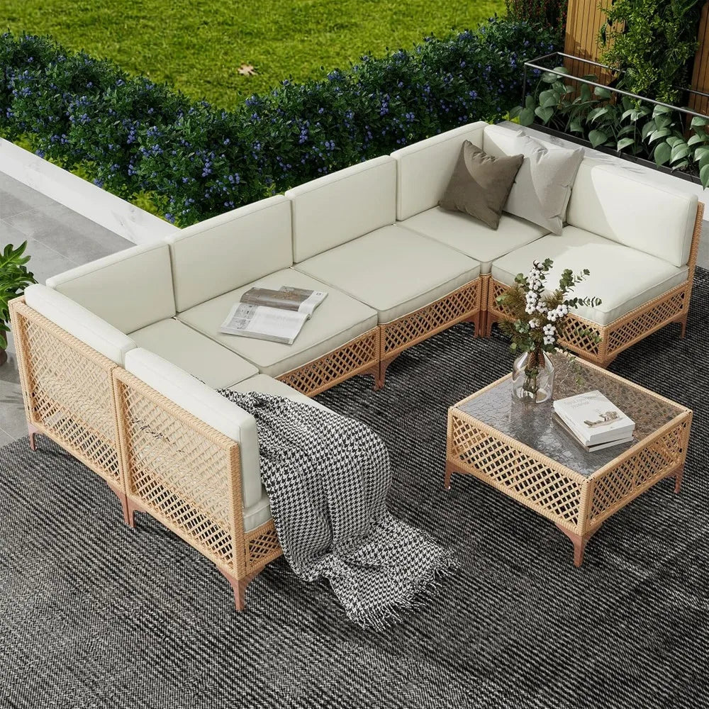 Outdoor Wicker Sectional Patio Set Boho Sofa With Coffee Table