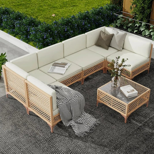Outdoor Wicker Sectional Patio Set Boho Sofa With Coffee Table