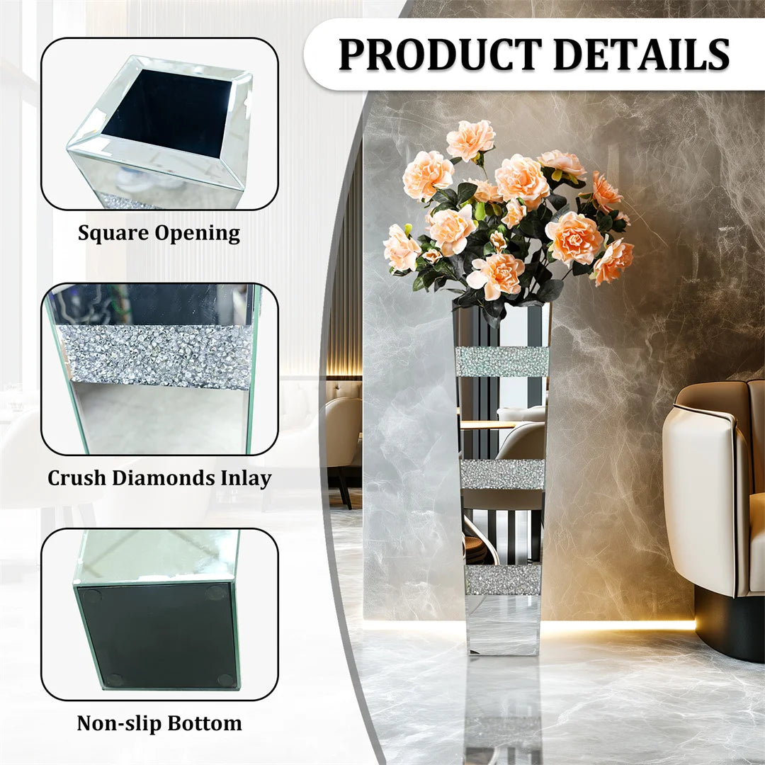 Modern Floor Vase With Crystal Diamond Accents And Mirrored Finish