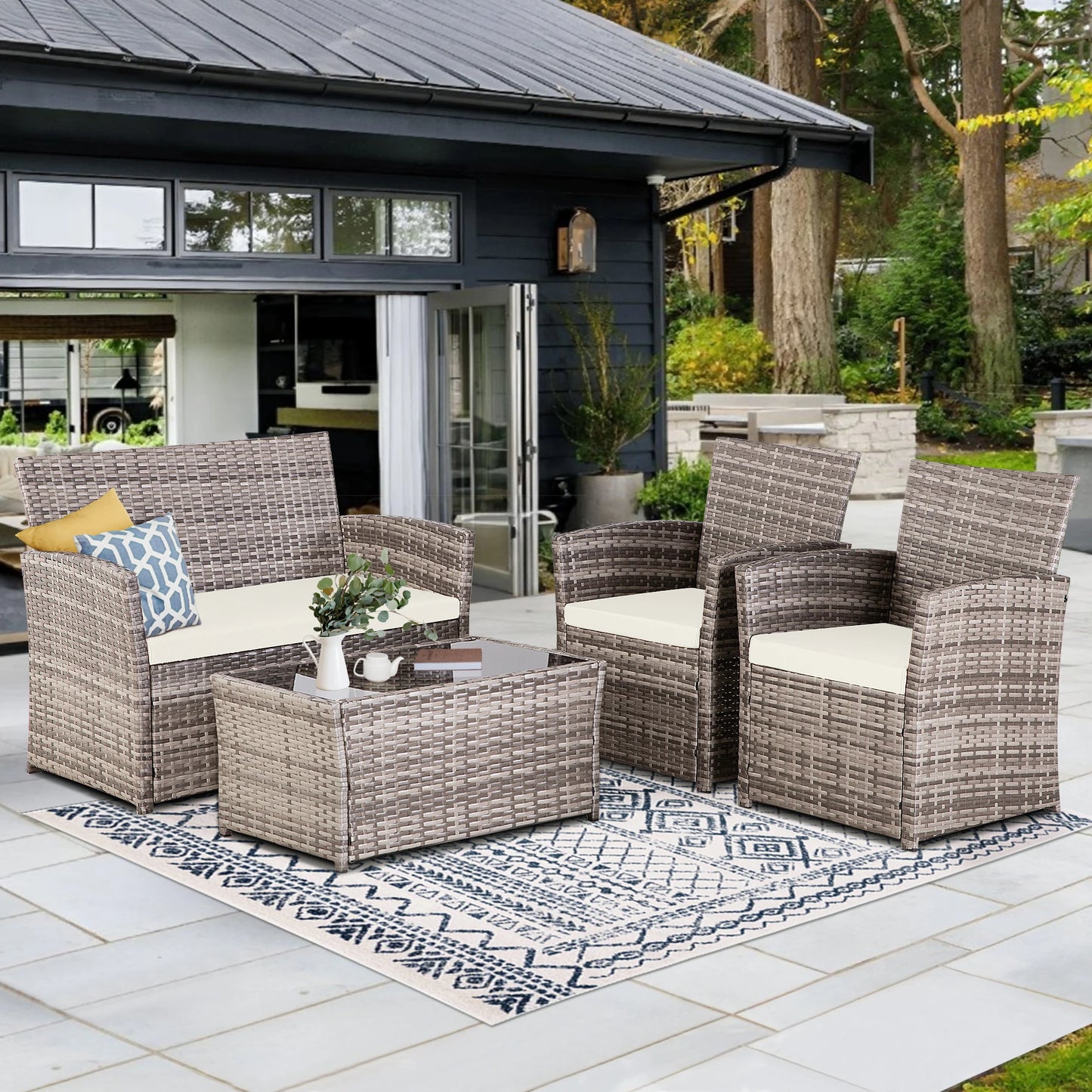 SEOGWISAM 4 Piece Patio Furniture Set Outdoor Wicker Conversation Set
