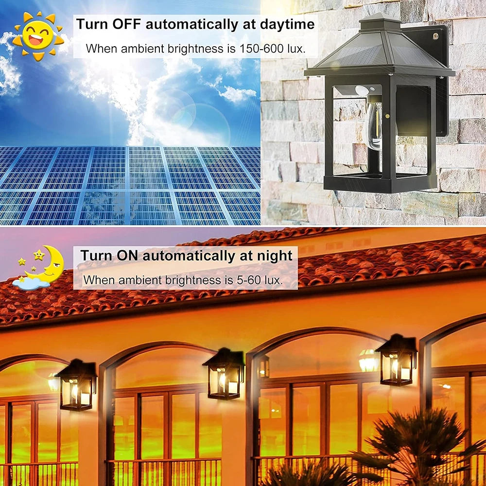 Solar Powered Wall Lanterns 2 Pack Exterior Front Porch Security Lamps LED
