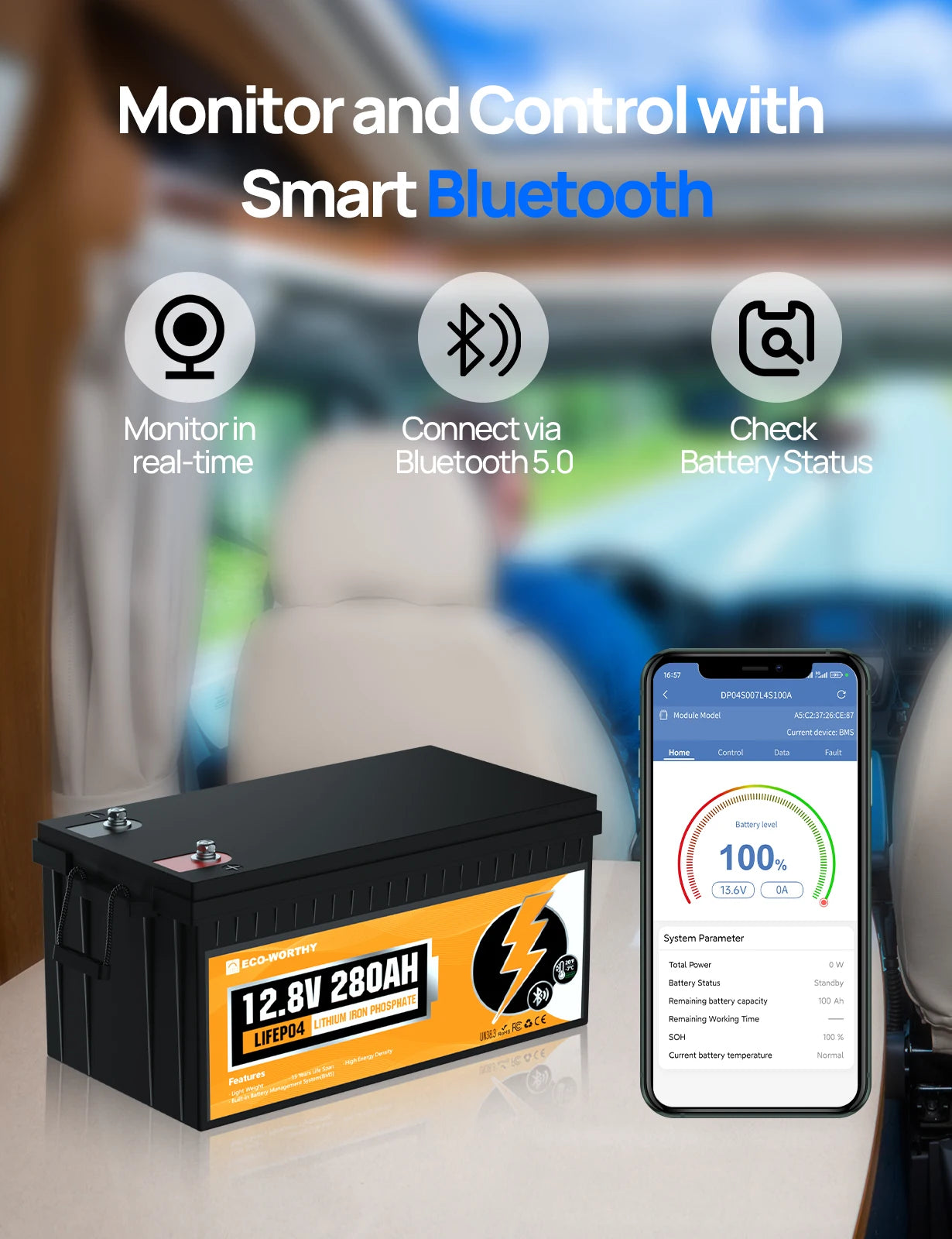 Eco-Worthy 3584Wh 12V 280Ah LiFePO4 RV Battery With Bluetooth