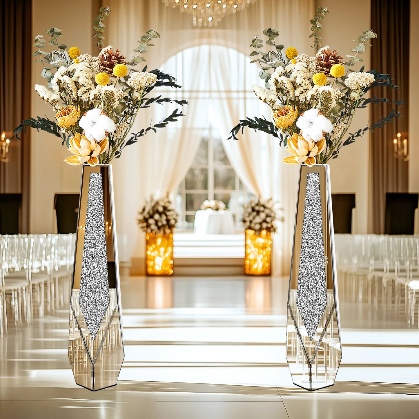 Tall Floor Vase With Crushed Diamond Glass Mirror Panels