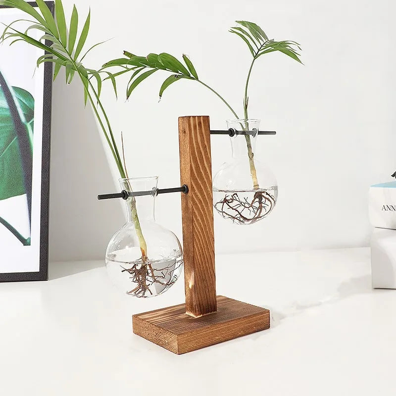 Wooden Frame Hydroponic Vase Transparent Glass Plant Pot For Home