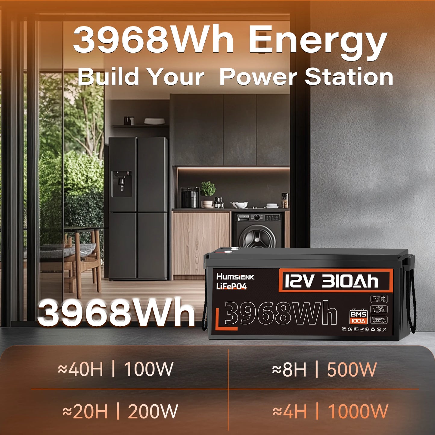 Humsienk 12V 310Ah LiFePO4 Battery 3968Wh With 100A BMS UL1973 RV