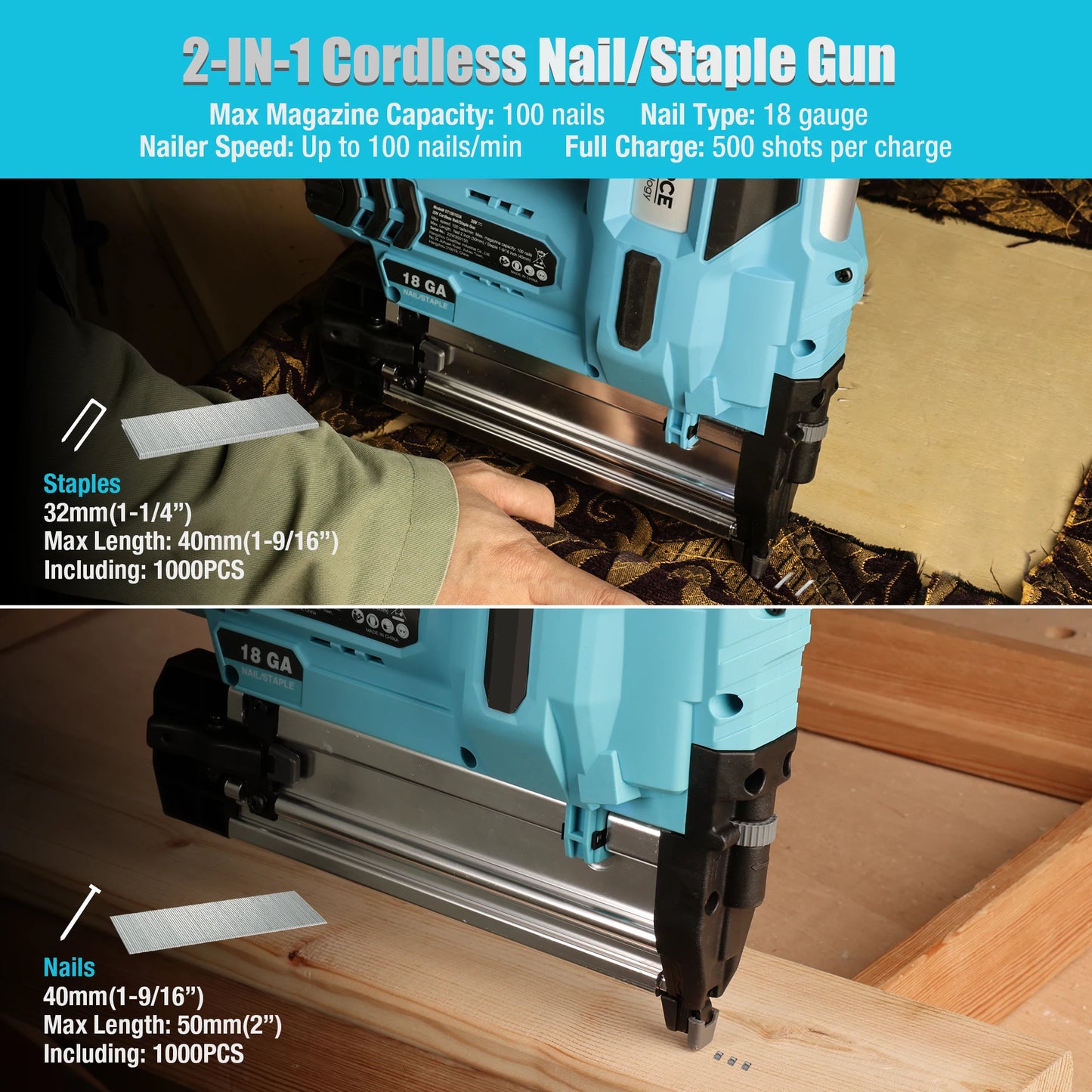 DURATECH 20V 2-in-1 Cordless Staple Gun for Upholstery and Carpentry