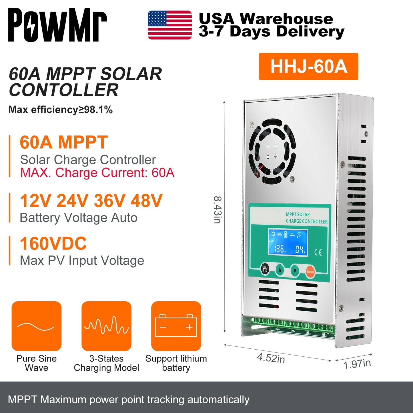 PowMr USA 60A MPPT Solar Charge Controller For 12V 48V