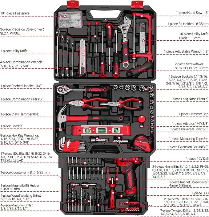 DEKODIY Home Mechanic Toolbox With 12V Cordless Drill Set