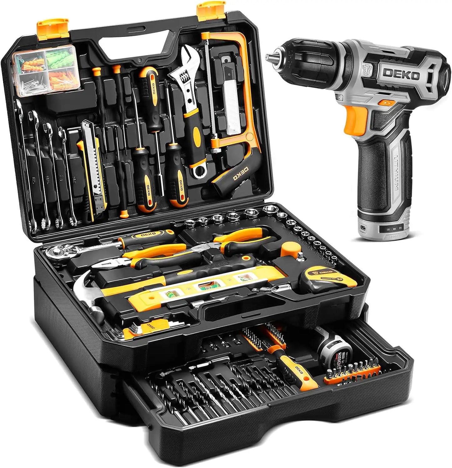 DEKODIY Home Mechanic Toolbox With 12V Cordless Drill Set