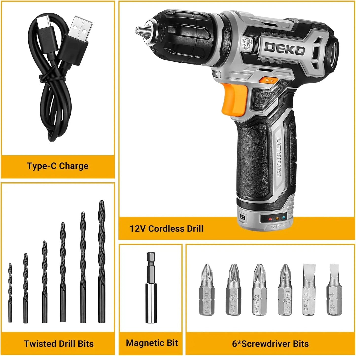 DEKODIY 12V Cordless Drill Set With Keyless Chuck Bits